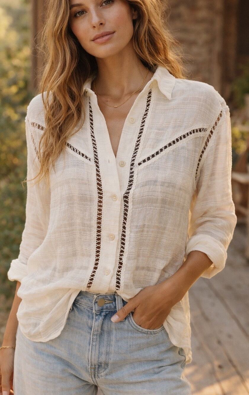Chelsea & Violet Boho Western White Cotton Sheer Lace Button Up Sz S